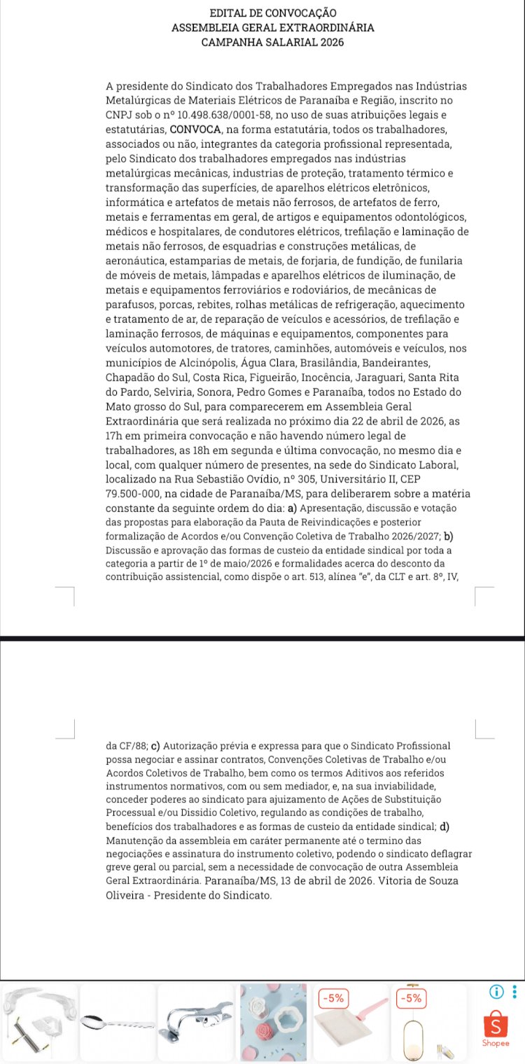 Edital de Convocação Assembleia geral Extraordinária Campanha Salárial 2026