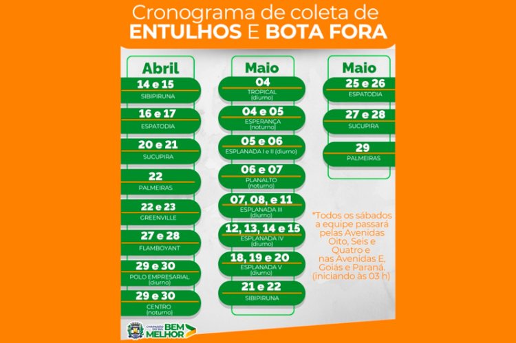 Prefeitura de Chapadão do Sul divulga calendário de coletas de entulhos para final de abril e maio
