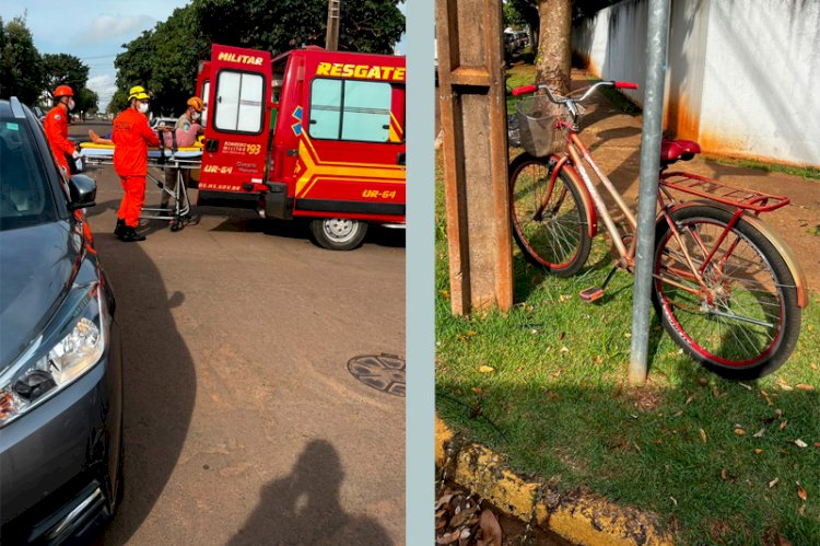 Ciclista é socorrida pelos Bombeiros após se envolver em acidente de trânsito em Chapadão do Sul